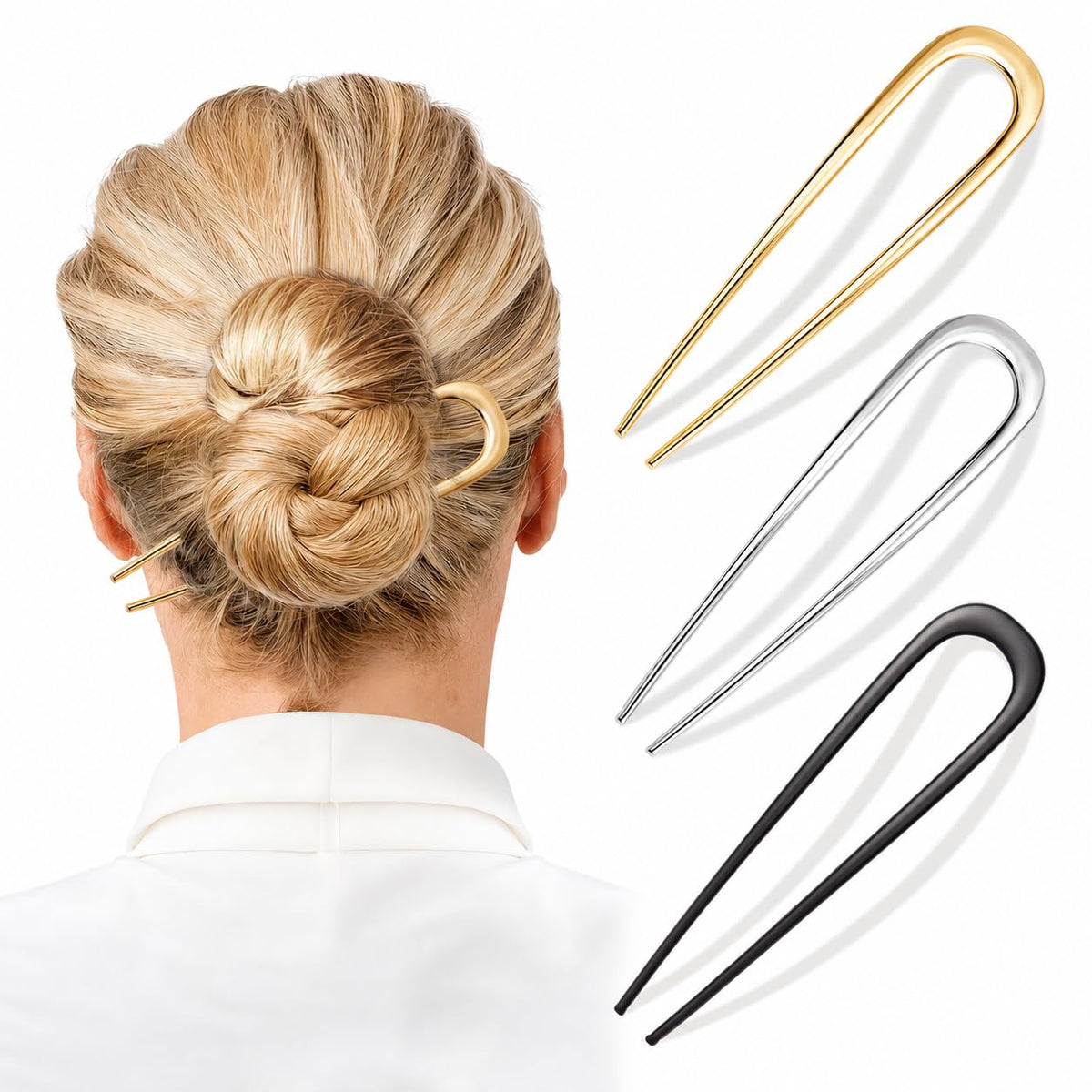 Vigorpace front view of three hair pins in gold silver black showing elegant finish and variety