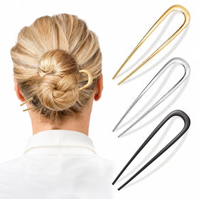 Vigorpace front view of three hair pins in gold silver black showing elegant finish and variety