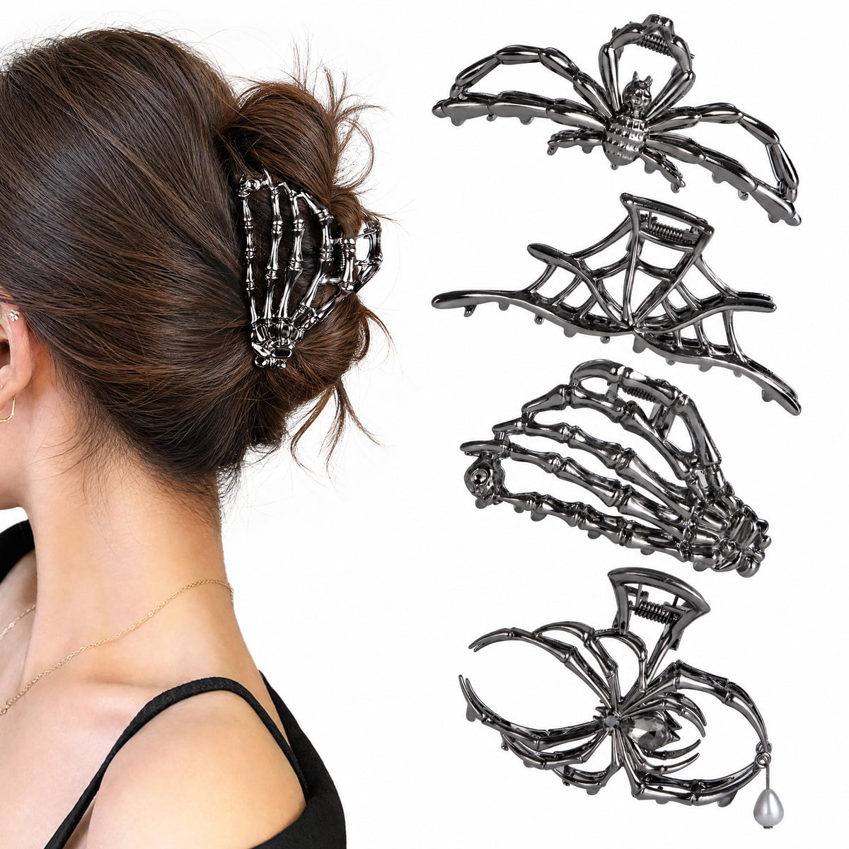 Vigorpace front view of four themed spider hair claw clips, seasonal style