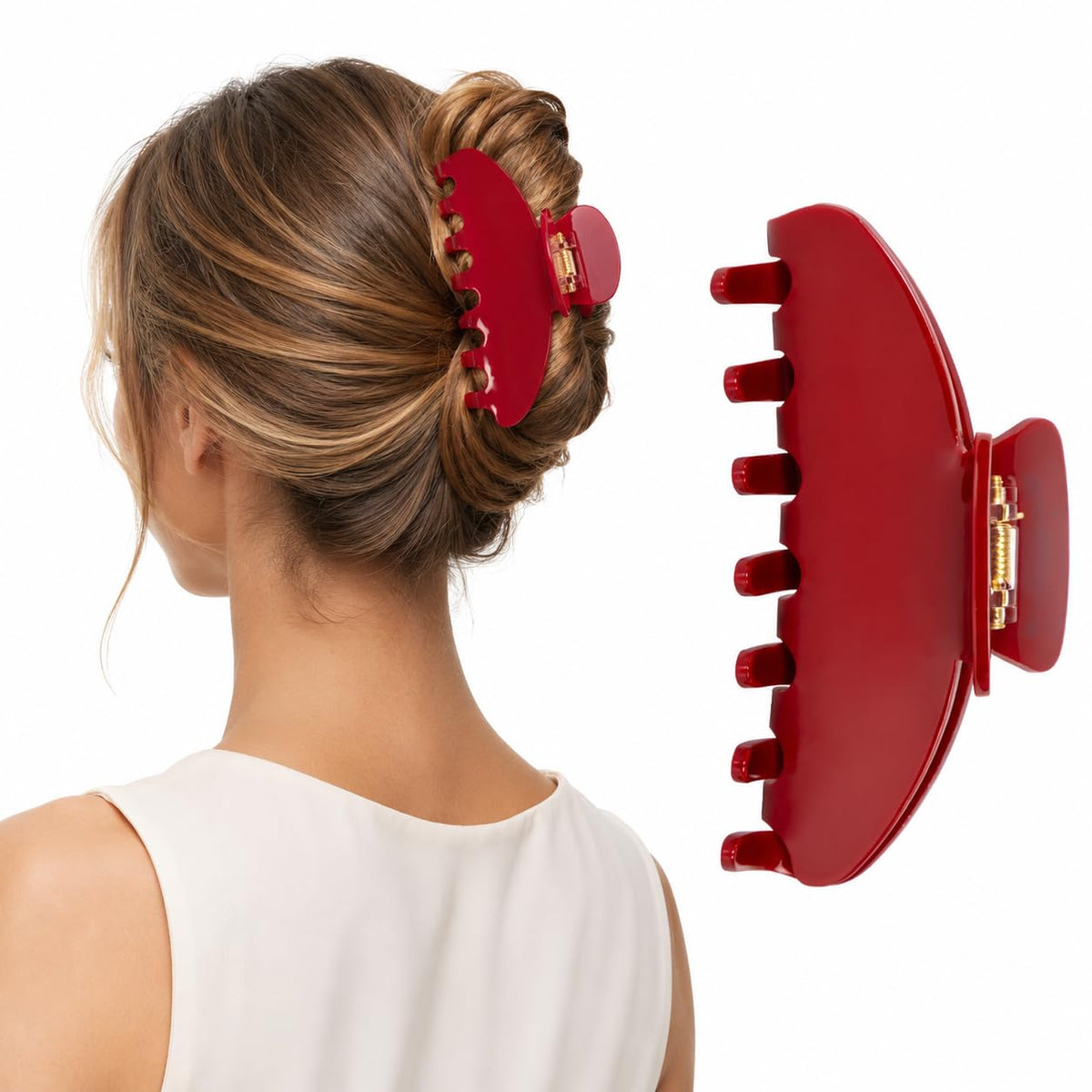 Vigorpace front view red claw clip showing polished acetate and fashionable color benefit