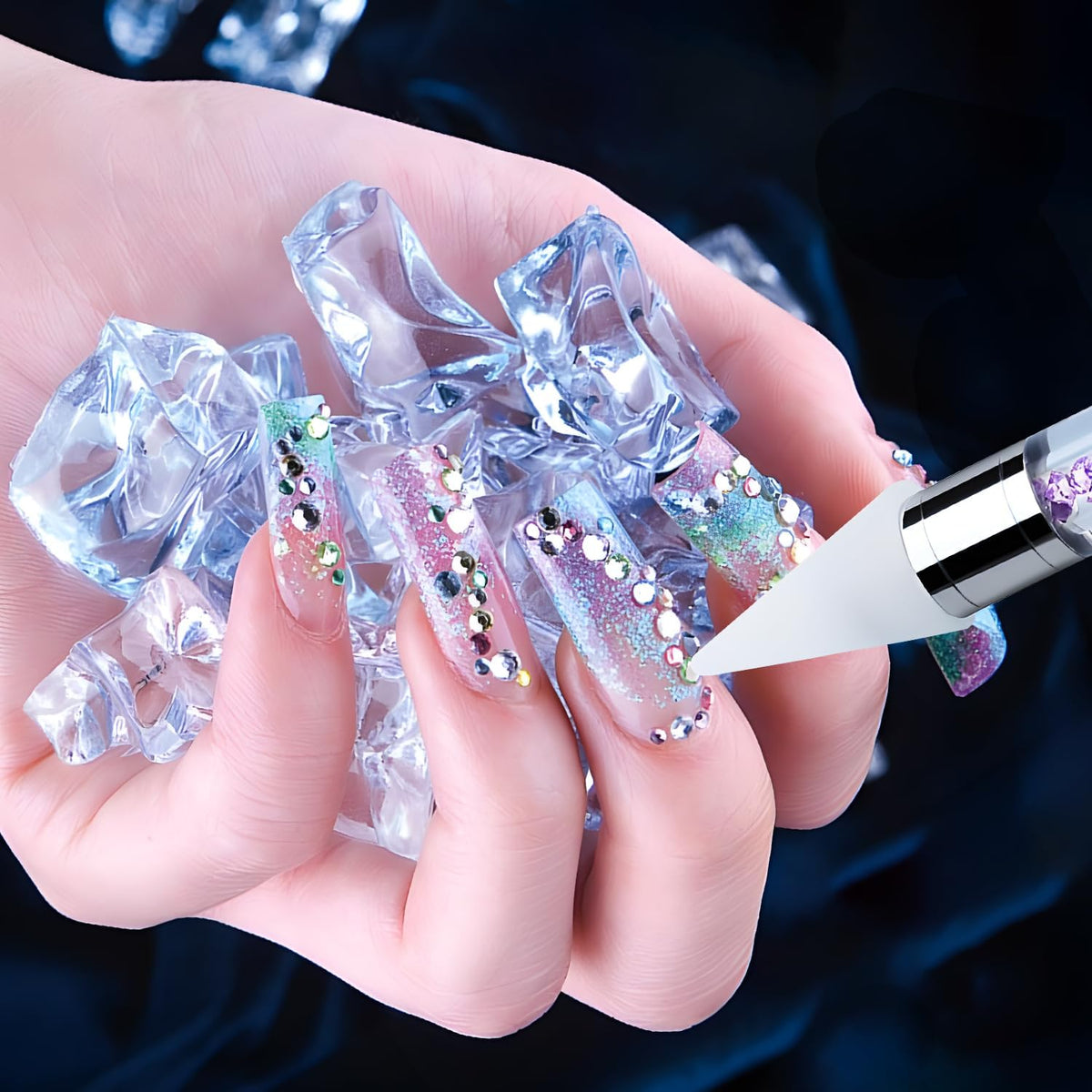 Vikerer in use on nail demonstrating accurate gem placement for polished results