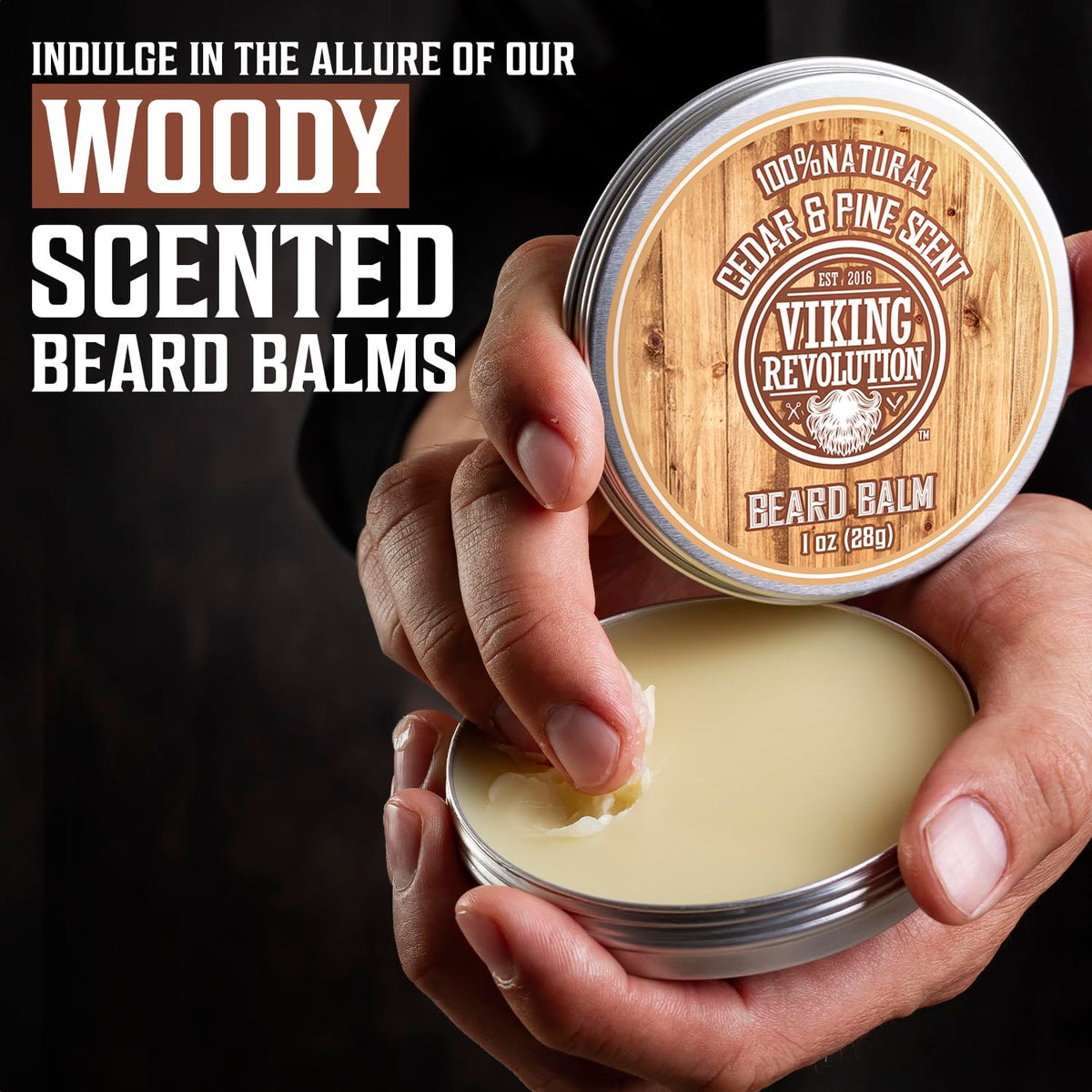 Viking Revolution balm in hand being rubbed between palms for application benefit: quick emulsification