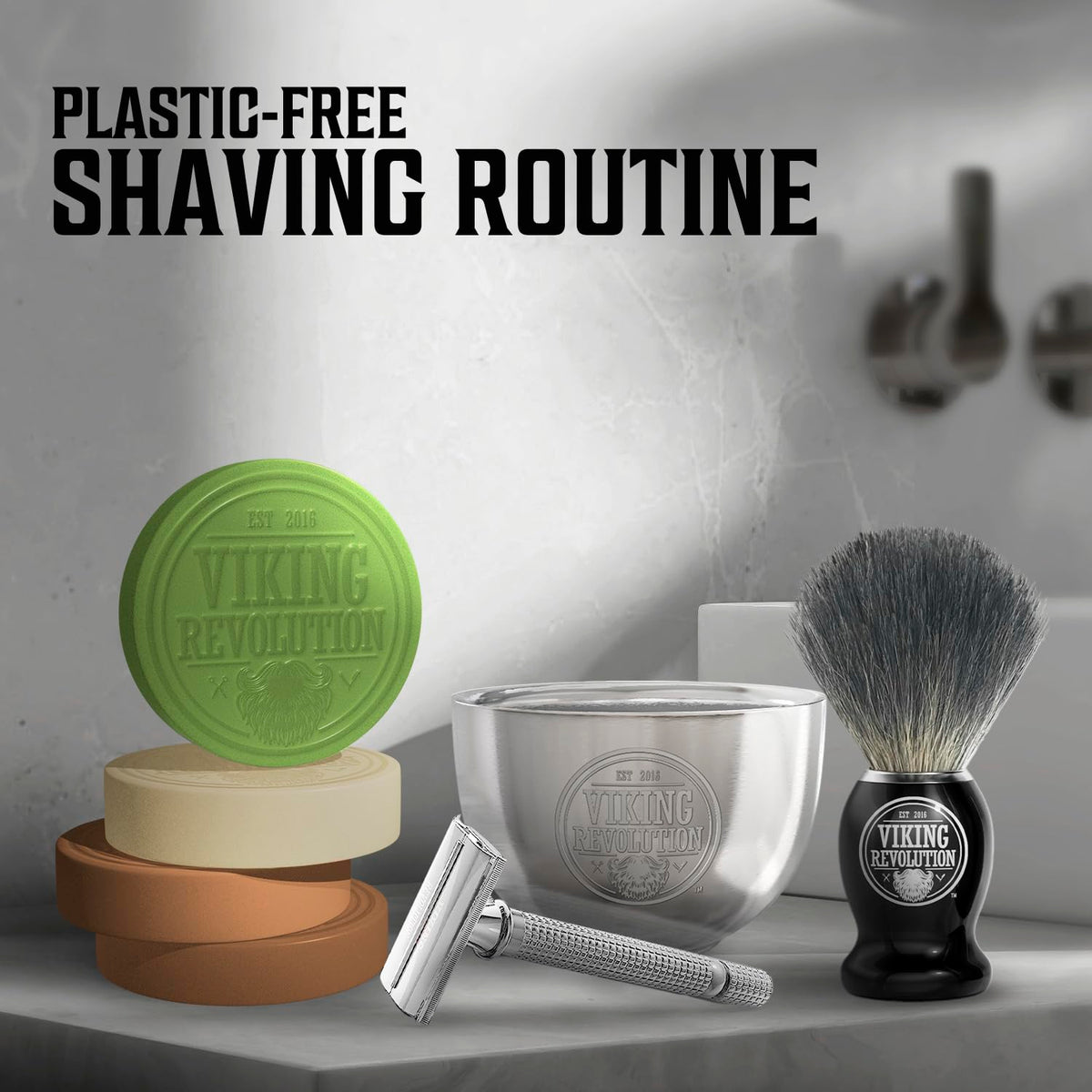 Viking Revolution in bathroom setup conveying traditional wet shave routine