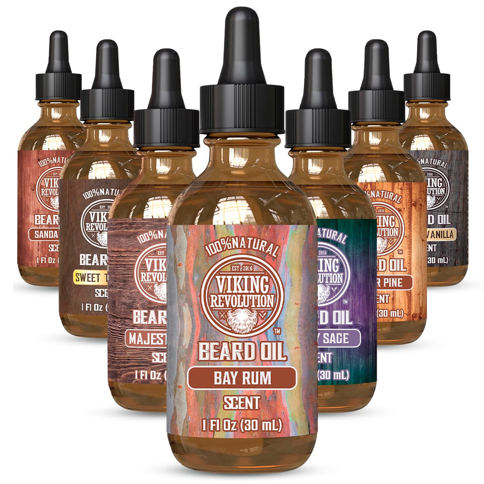 Viking Revolution front bottle showing bay rum beard oil and benefits