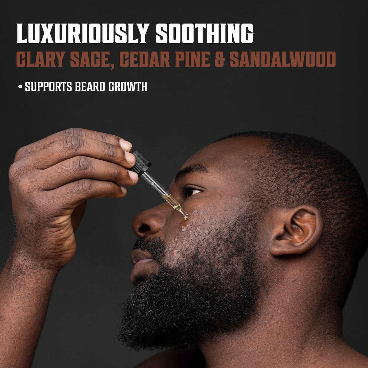 Viking Revolution bottle in hand applying beard oil, demonstrates easy daily use