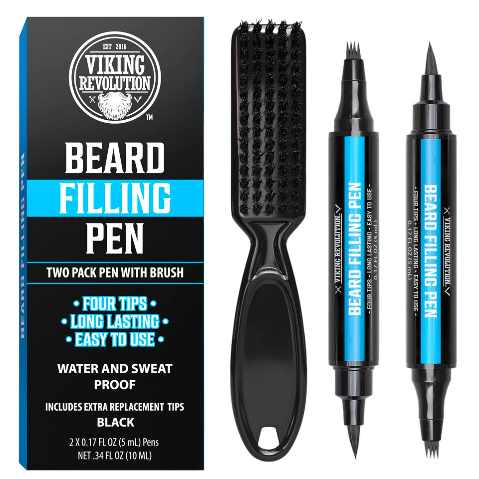 Viking Revolution front packaging showing dual beard pens and accessories for reliable grooming