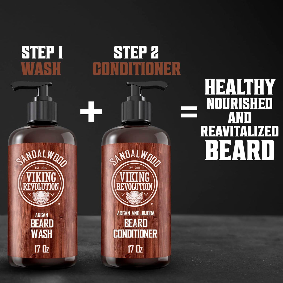 Viking Revolution label close detail showing sandalwood scent for refined grooming