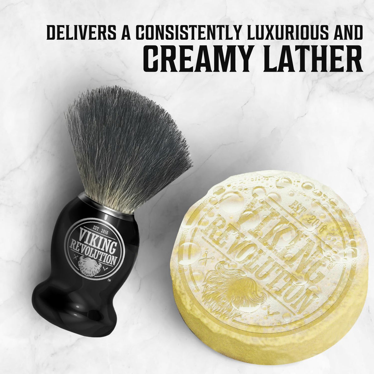 Viking Revolution shaving brush loading on puck to show easy lather build and efficient usage