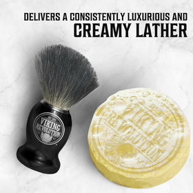Viking Revolution shaving brush loading on puck to show easy lather build and efficient usage
