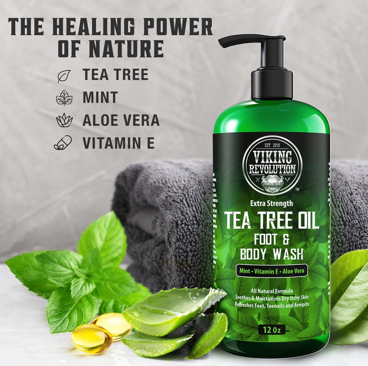 Viking Revolution close-up label showing tea tree oil ingredient benefits