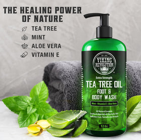 Viking Revolution close-up label showing tea tree oil ingredient benefits