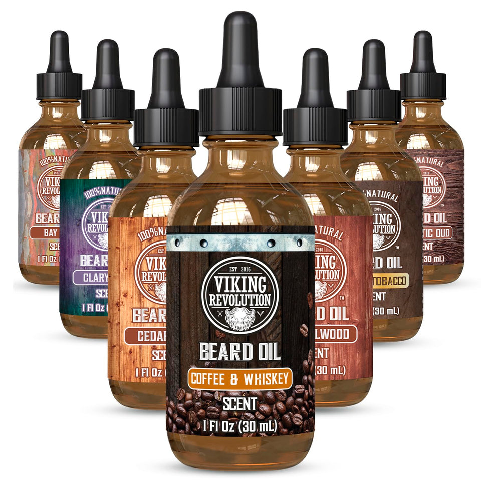Viking Revolution front bottle view showing Coffee Whiskey scent and benefit of conditioning