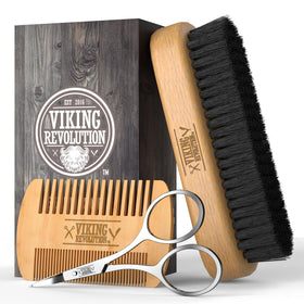 Viking Revolution comb and brush next to beard oil for even product application