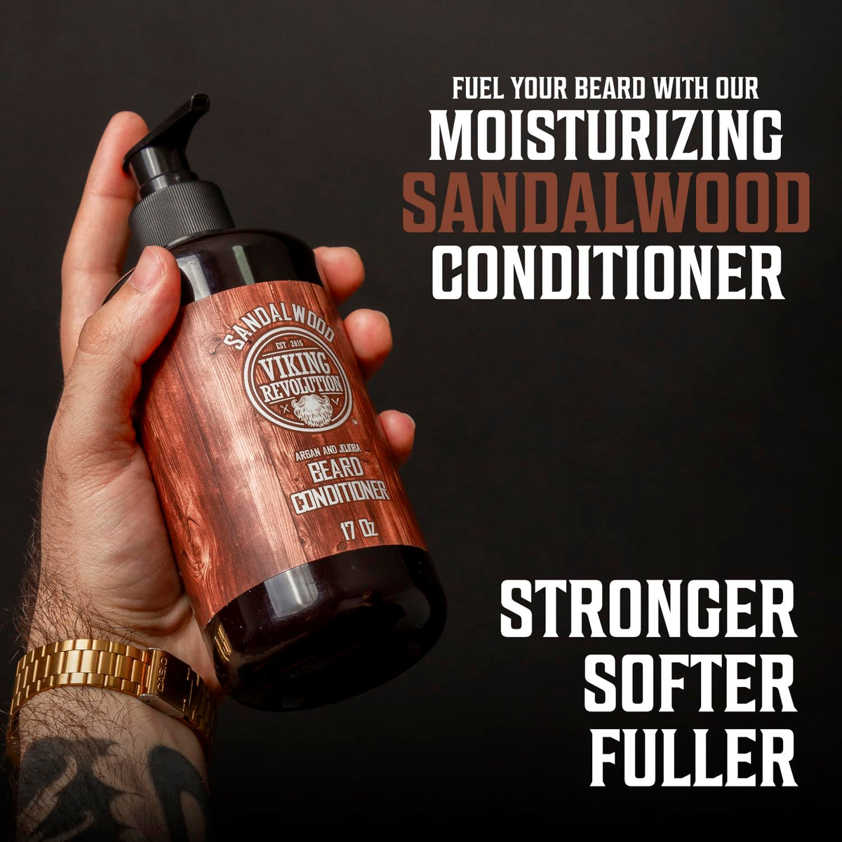 Viking Revolution conditioner bottle detail showing moisturizing ingredients