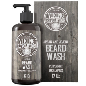 Viking Revolution front bottle of beard wash showing label and volume benefits