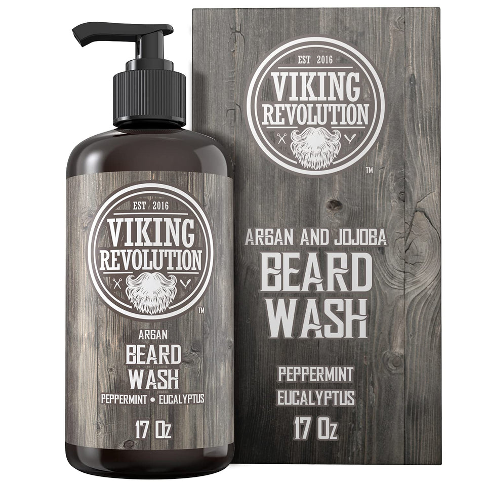 Viking Revolution front bottle of beard wash showing label and volume benefits
