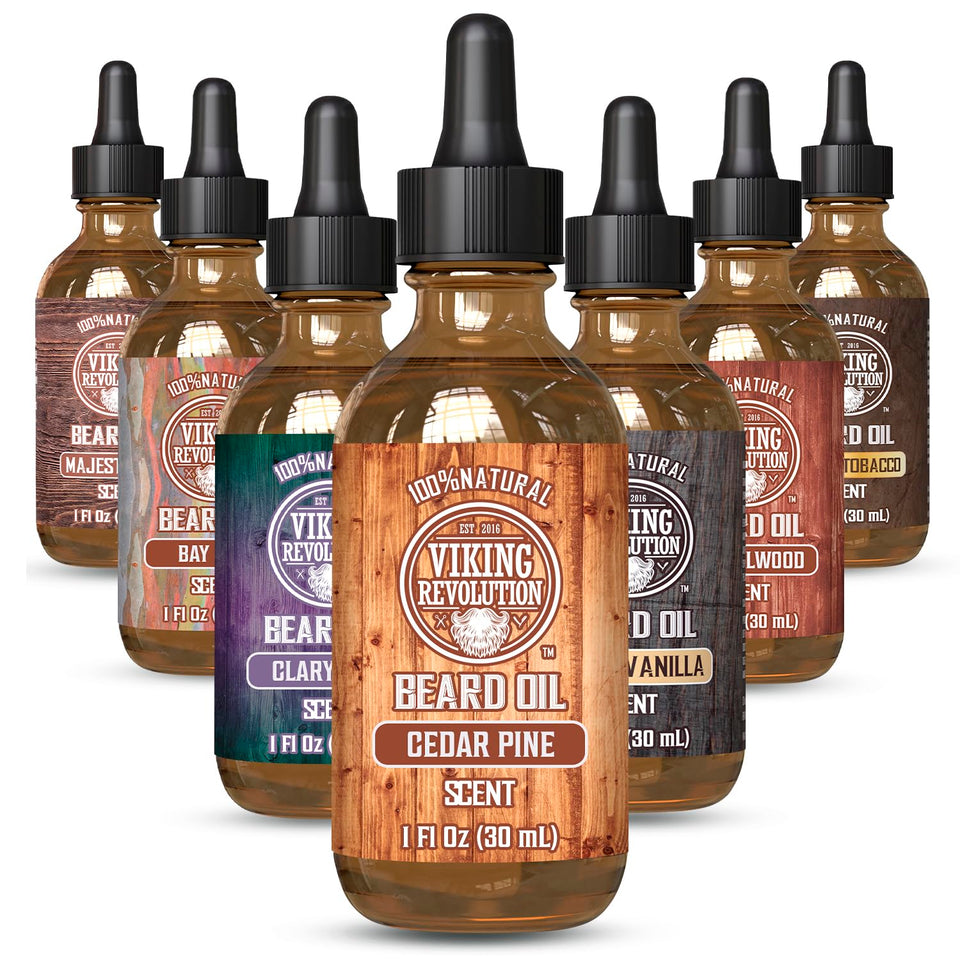Viking Revolution front bottle displaying cedar and pine scent and benefit softens beard