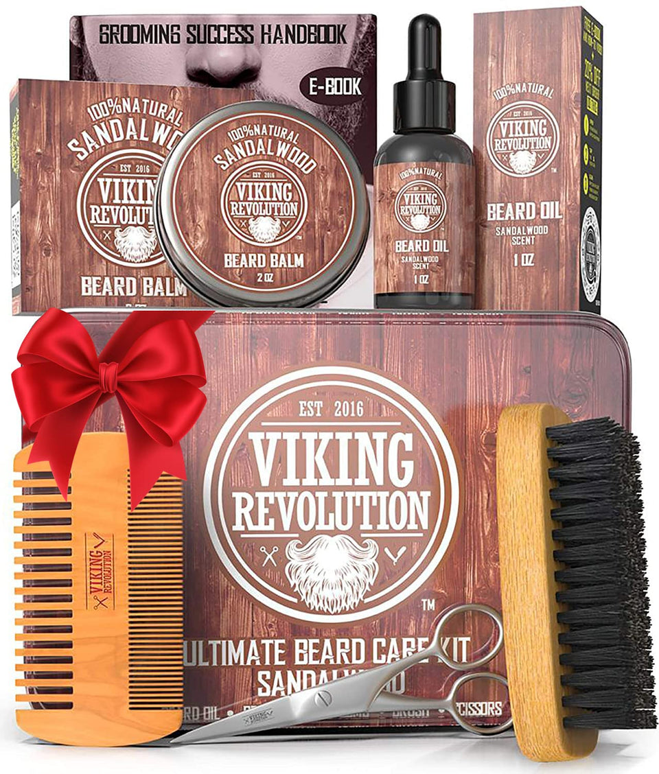 Viking Revolution metal tin kit front view showing complete grooming set and organized layout