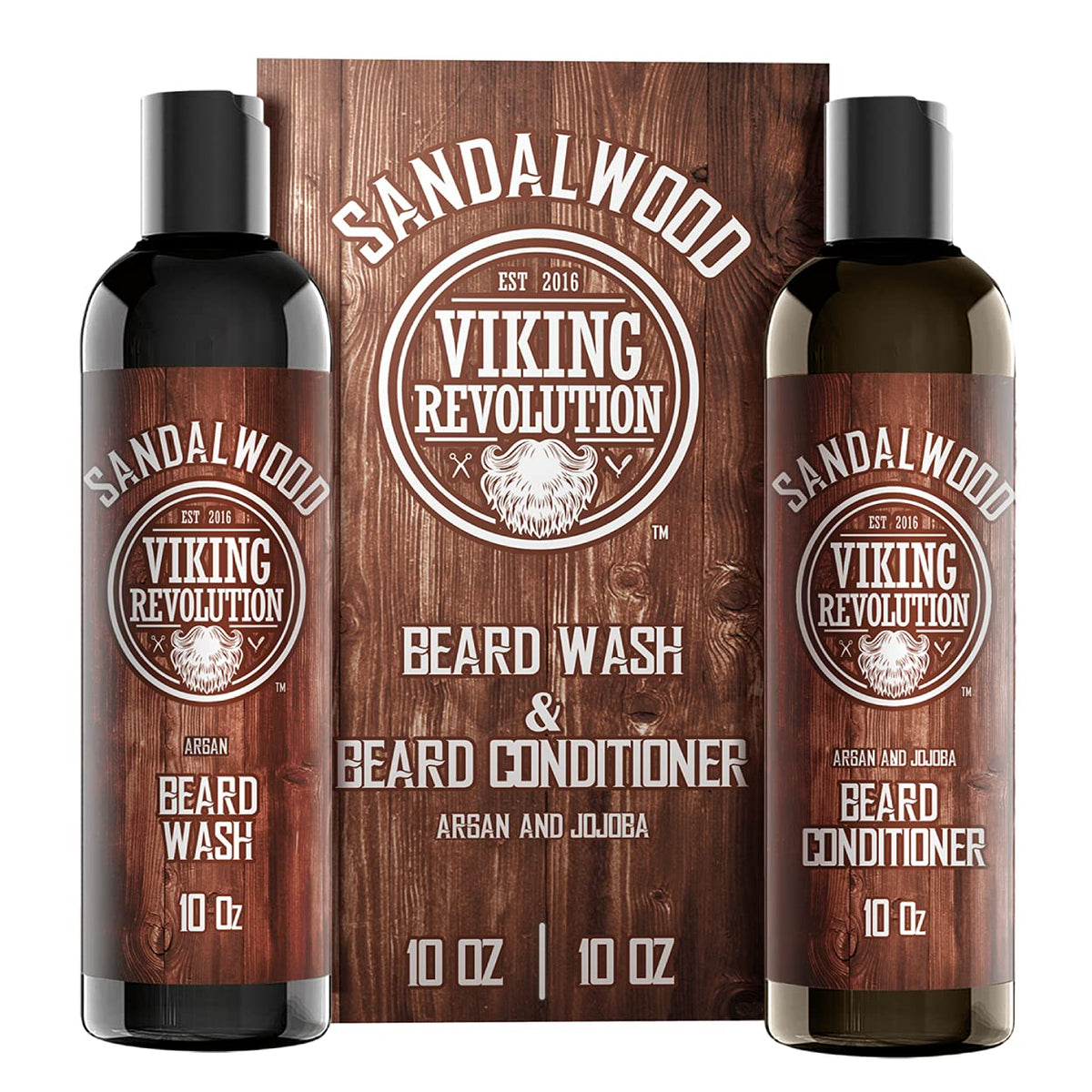 Viking Revolution front packaging showing full beard wash and conditioner set benefits