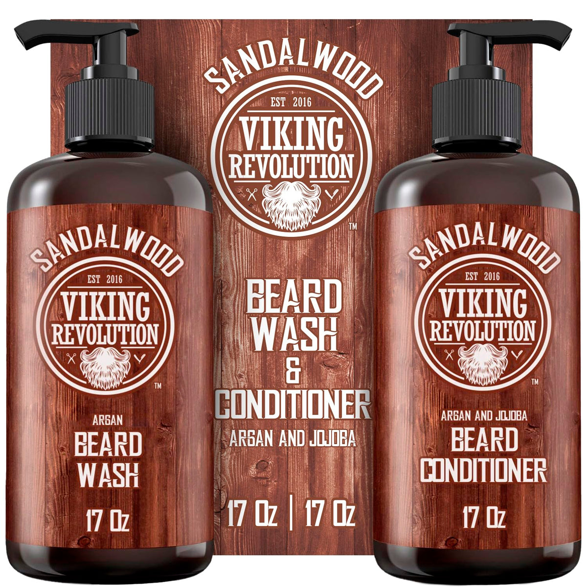 Viking Revolution front packaging showing full beard wash and conditioner set benefits