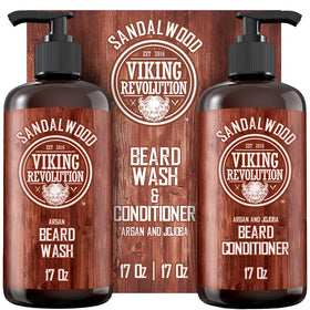 Viking Revolution front packaging showing full beard wash and conditioner set benefits