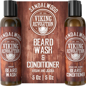 Viking Revolution front packaging showing beard wash and conditioner, conveys convenient two-step routine