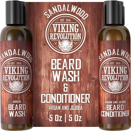 Viking Revolution front packaging showing beard wash and conditioner, conveys convenient two-step routine