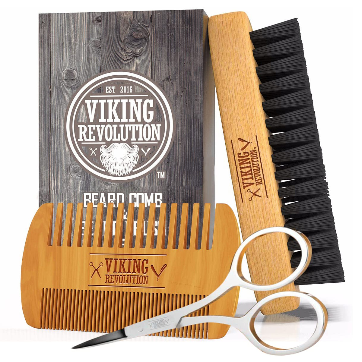 Viking Revolution front packaging showing complete beard grooming set and benefits