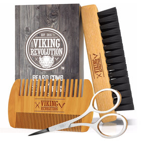 Viking Revolution front packaging showing complete beard grooming set and benefits