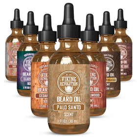 Viking Revolution front bottle shot showing palo santo beard oil benefit: smooth beard