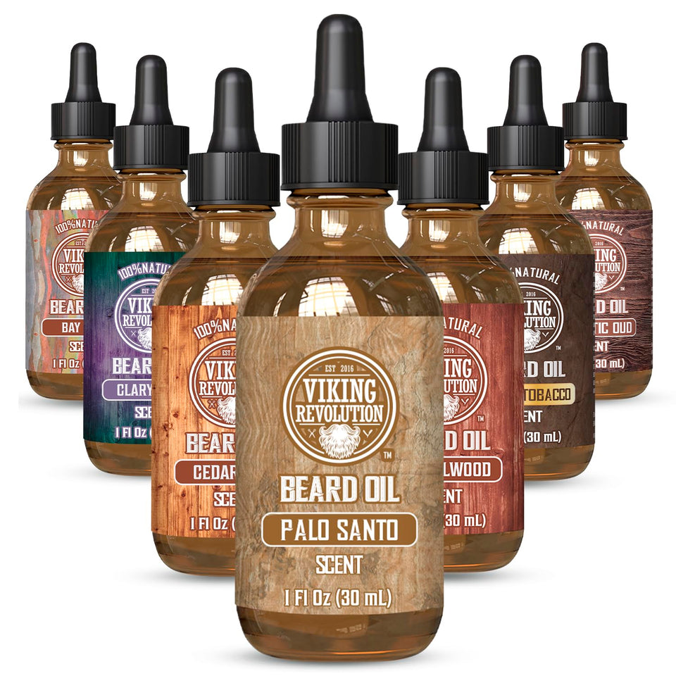 Viking Revolution front bottle shot showing palo santo beard oil benefit: smooth beard