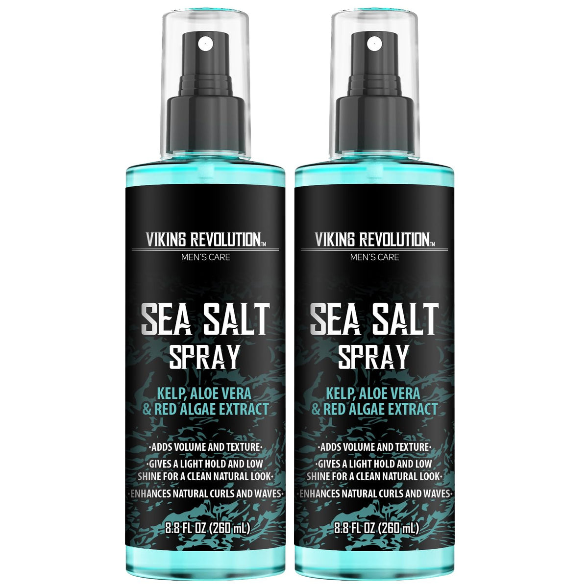 Viking Revolution front packaging shows two sea salt spray bottles and benefits