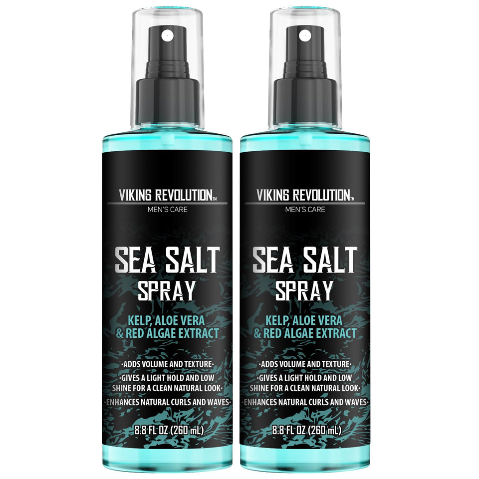 Viking Revolution front packaging shows two sea salt spray bottles and benefits