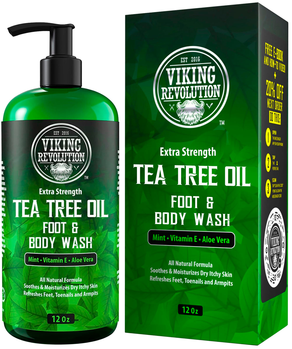 Viking Revolution front bottle view showing label and tea tree benefit