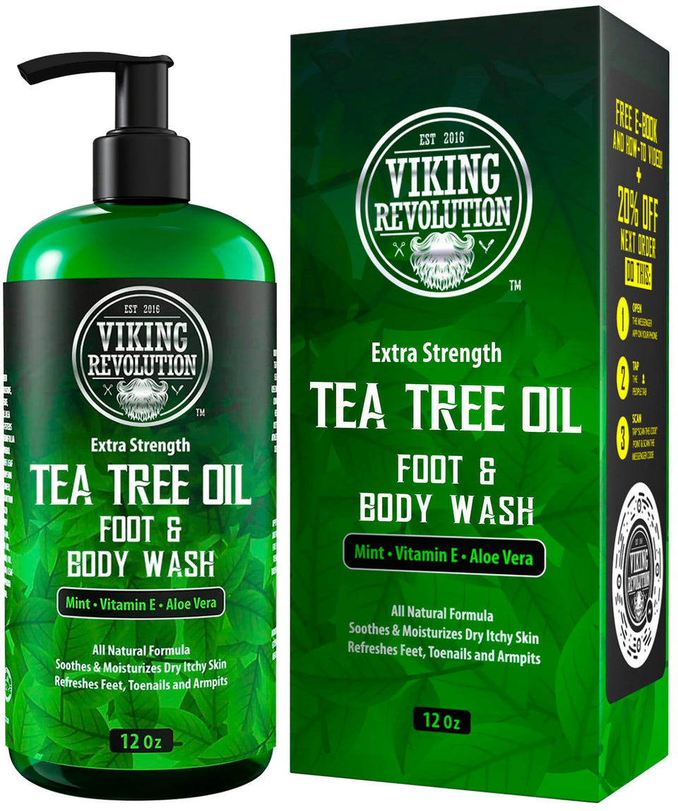 Viking Revolution front bottle view showing label and tea tree benefit