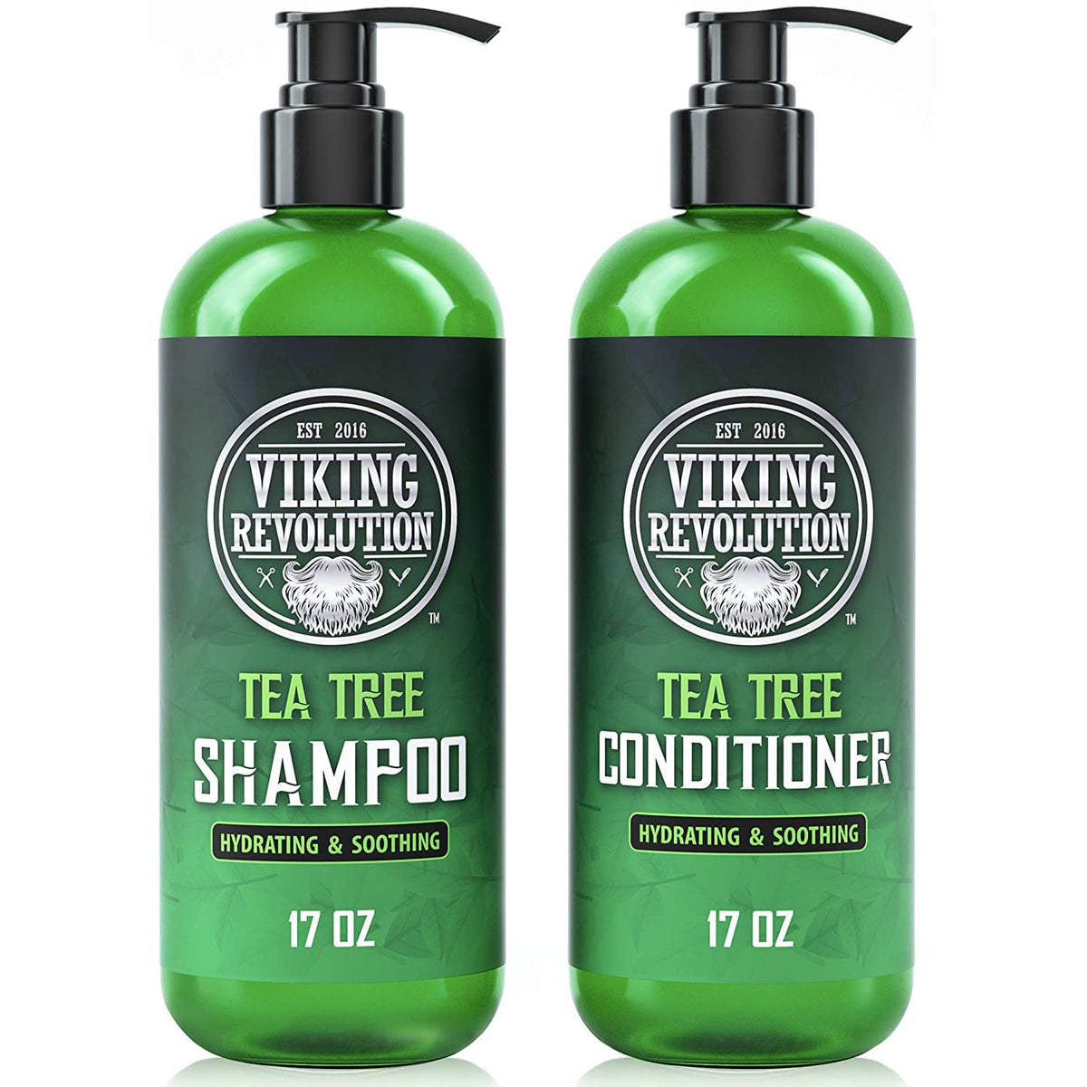 Viking Revolution front packaging showing the full tea tree shampoo and conditioner set and benefits