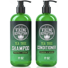 Viking Revolution front packaging showing the full tea tree shampoo and conditioner set and benefits
