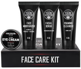 Viking Revolution front packaging showing the four-piece men’s skincare kit and easy routine