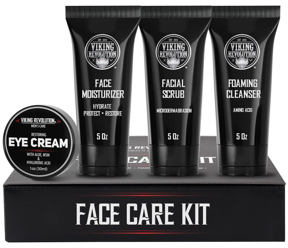 Viking Revolution front packaging showing the four-piece men’s skincare kit and easy routine