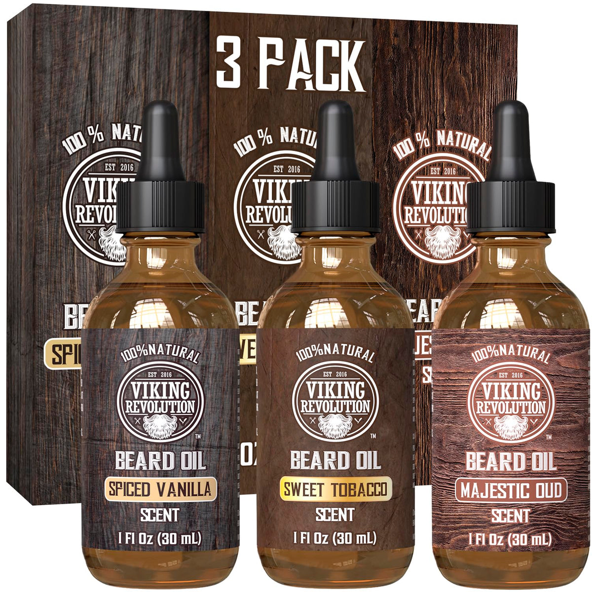 Viking Revolution front packaging showing three 1oz bottles and scents, clear product display benefit