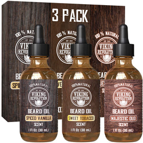 Viking Revolution front packaging showing three 1oz bottles and scents, clear product display benefit