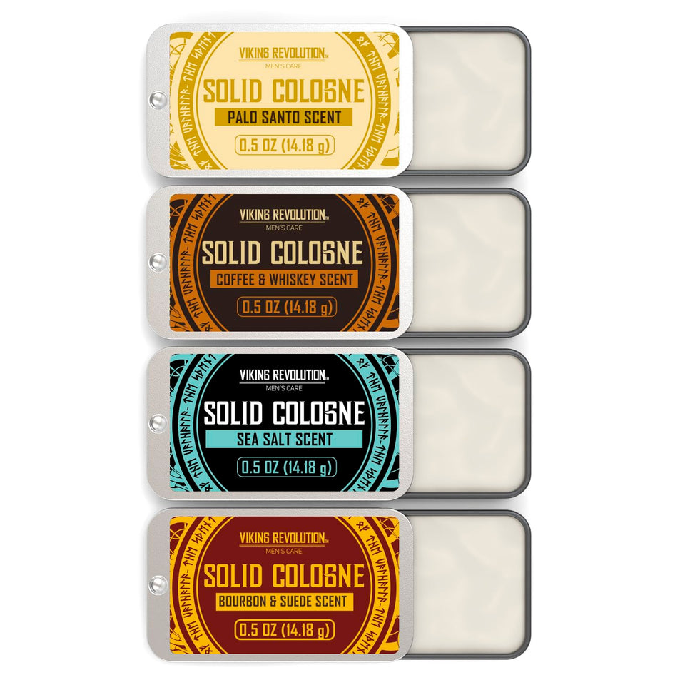 Viking Revolution front packaging showing four scent tins and gift-ready presentation benefit: easy gifting