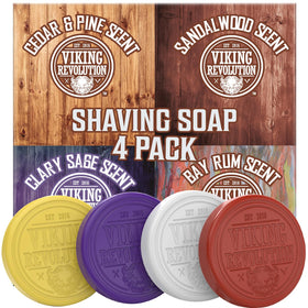 Viking Revolution front packaging showing four scented shaving soap pucks, ready to use