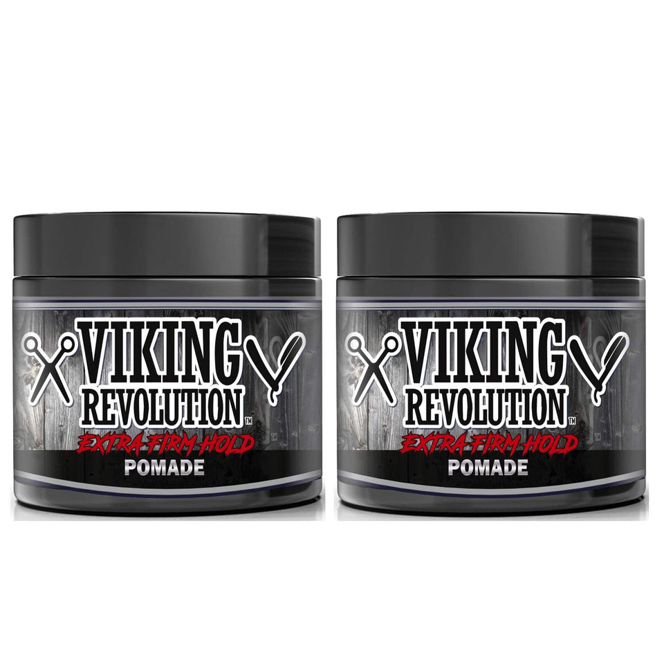Viking Revolution front packaging showing two pomade tins and strong hold benefit