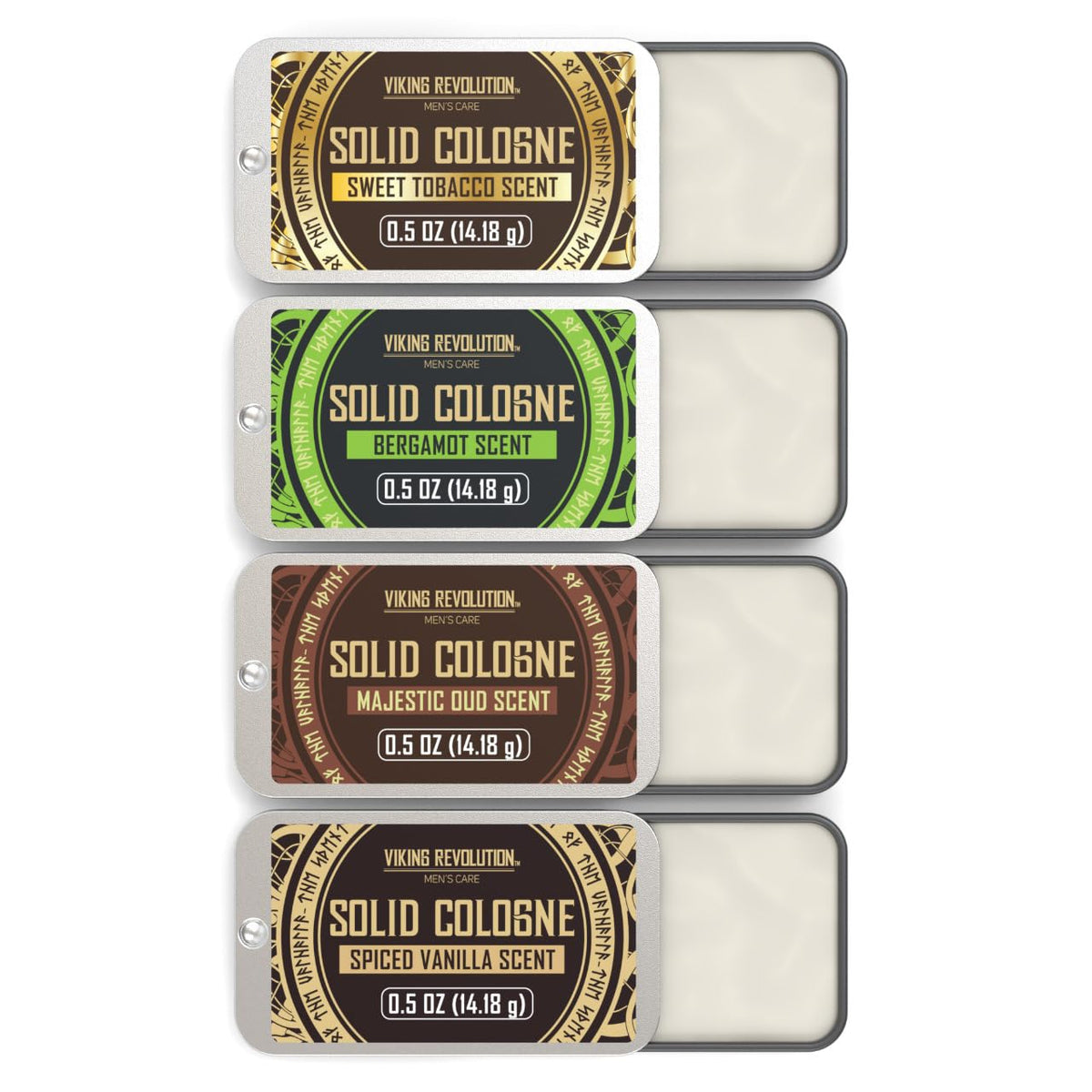 Viking Revolution front packaging showing 4-pack solid cologne assortment and travel-ready design