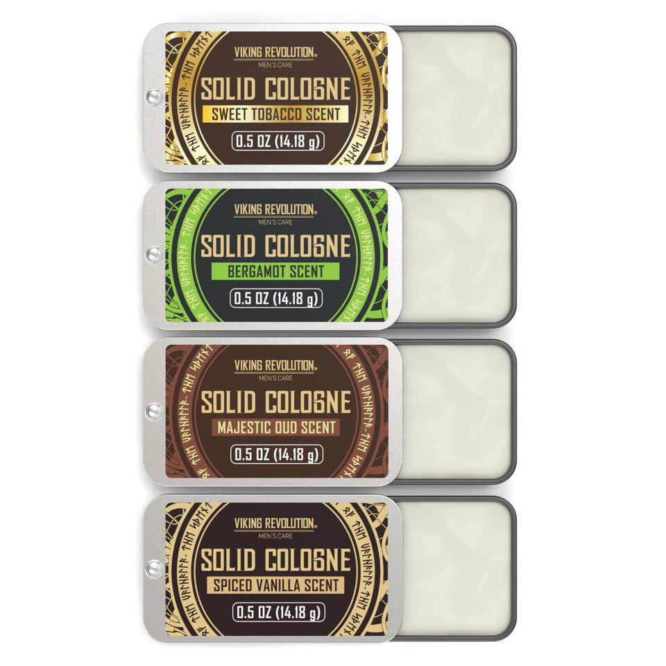 Viking Revolution front packaging showing 4-pack solid cologne assortment and travel-ready design
