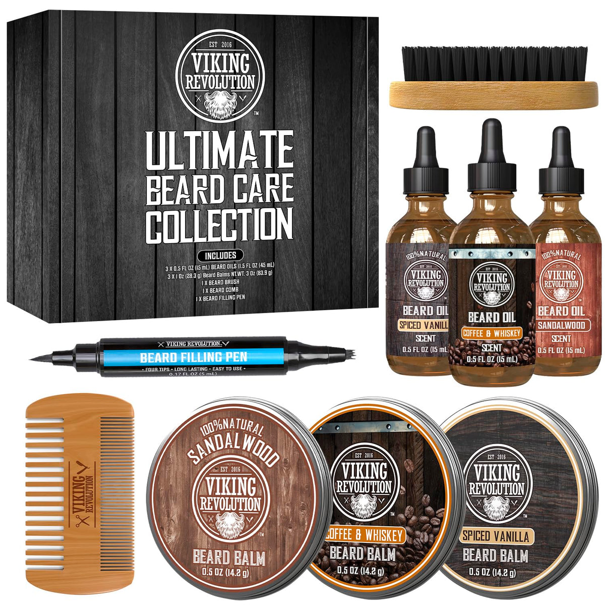 Viking Revolution front packaging showing complete beard kit and rugged gift box benefit: great present