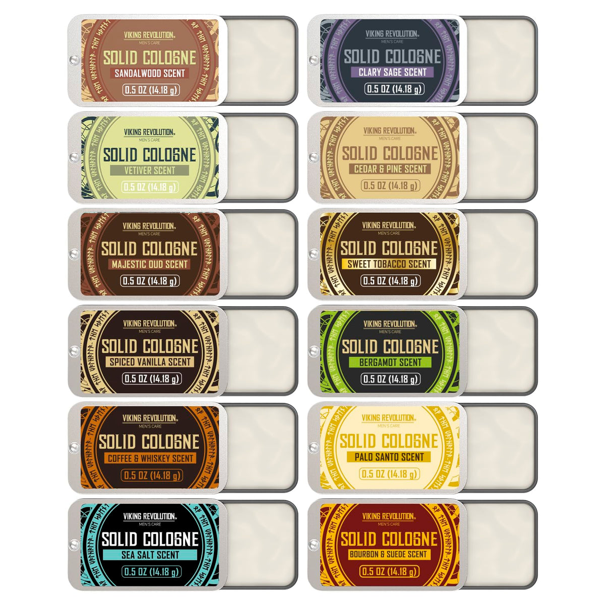 Viking Revolution front packaging showing twelve solid cologne tins and variety benefits