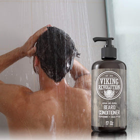 Viking Revolution application on wet beard demonstrating easier detangling and softness