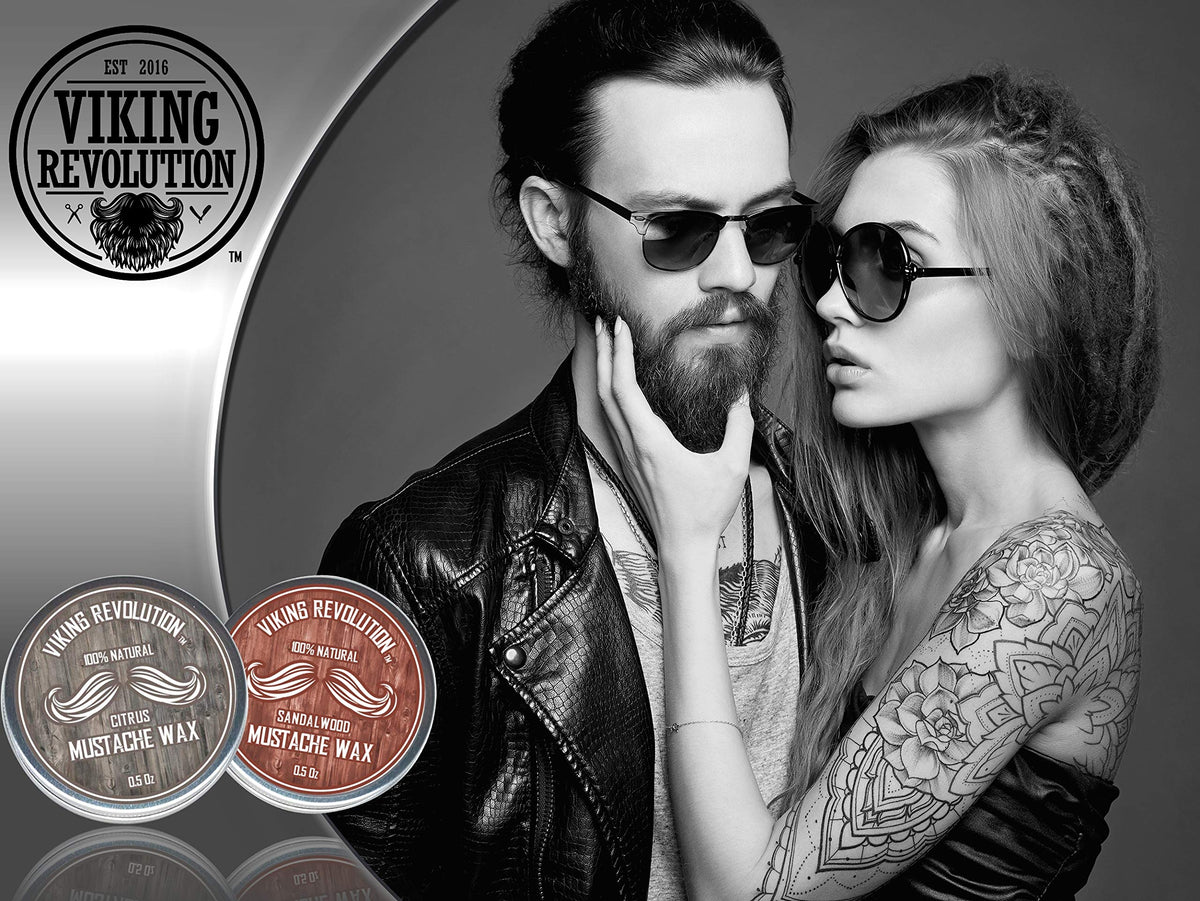 Viking Revolution jar in use shaping a handlebar moustache confidently